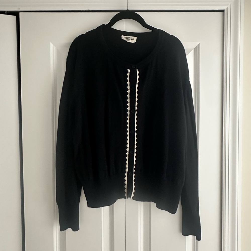 100% Cotton Black Cardigan Sweater with Cream Trim